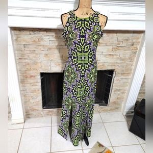 London Times Ikat purple and green‎ maxi sheath dress size 6